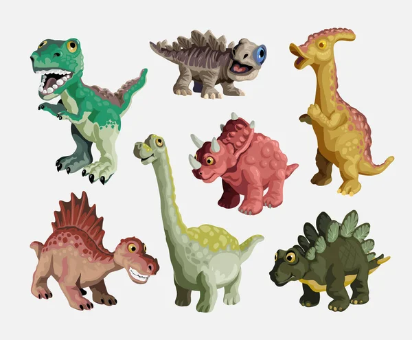 Çizgi film dinozor seti. Şirin dinozorlar çocuk plastik oyuncak koleksiyonu. Renkli yırtıcılar ve otçullar. Vektör illüstrasyonu beyaz arkaplanda izole edildi
