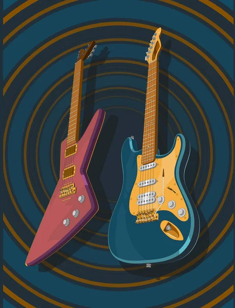 Guitares électriques colorées réalistes 3d. Modèle vectoriel 3D de l'illustration des guitares. Bannière, affiche, image de style vintage — Image vectorielle