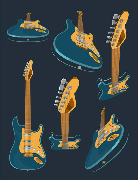 3D gerçekçi renkli elektro gitar seti. Farklı açılar ve 3 boyutlu gitar projeksiyonları. Gitar illüstrasyonunun 3 boyutlu vektör modeli. Pankart, poster, klasik tarz resim
