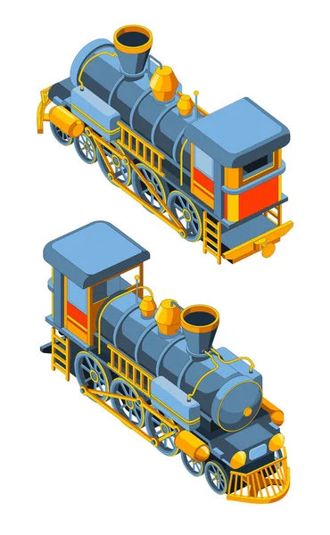 Set med två främre och bakre vyer av ett ånglok. Vintage retro blå tåg grafisk vektor. Isolerad på vit bakgrund — Stock vektor