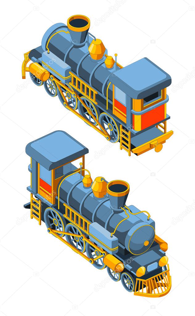 Set with two front and rear views of a steam locomotive. Vintage retro blue train graphic vector. Isolated on white background