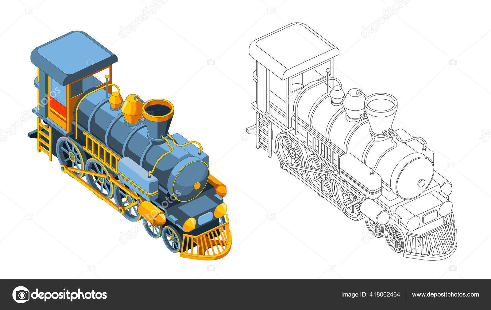 Векторная Раскраска Страницы С 3D Моделью Поезда. Изометрический.