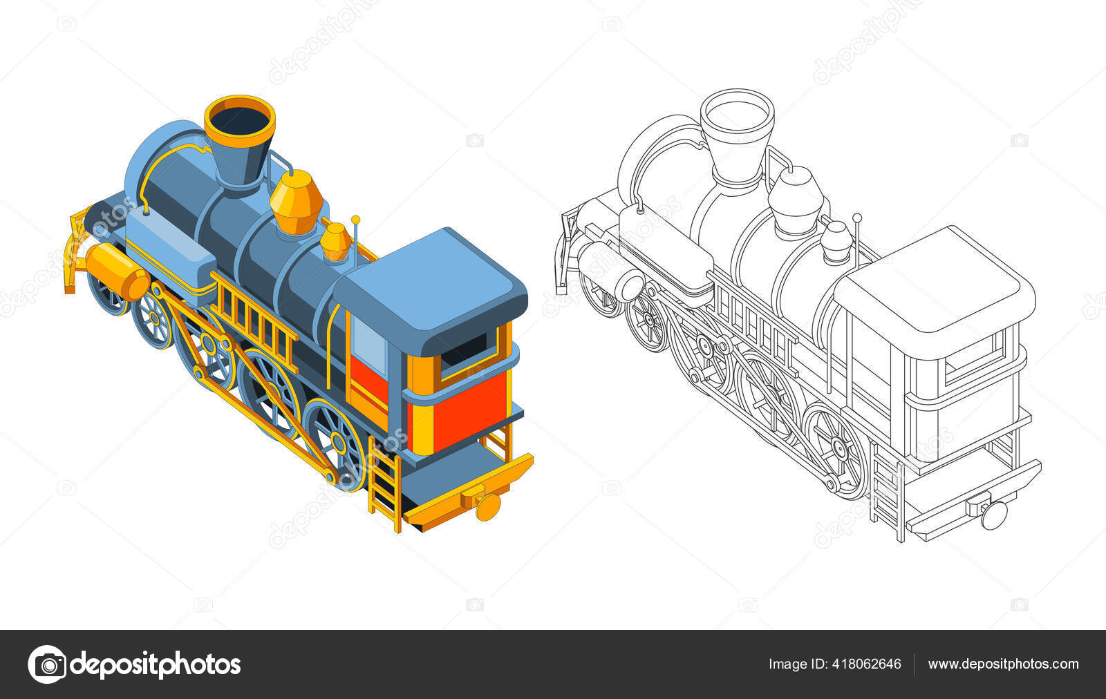 Векторная Раскраска Страницы С 3D Моделью Поезда. Изометрический.