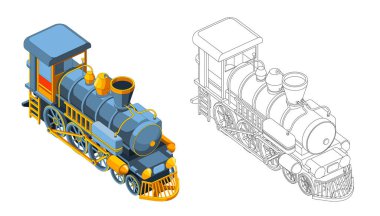3D model trenli vektör boyama sayfası. Isometric ön görünümü. Vintage retro tren grafik vektörü. İzole edilmiş. Renkli sayfa ve renkli tren
