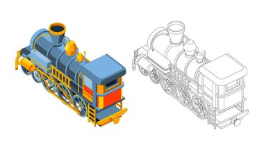 3D model trenli vektör boyama sayfası. Isometric back view.Vintage retro tren grafik vektörü. İzole edilmiş. Renkli sayfa ve renkli tren