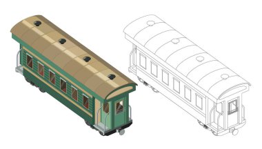 3D yolcu modeli tren vagonlu vektör boyama sayfası. Isome Manzarası. Klasik retro tren grafik vektörü. İzole edilmiş. Renkli sayfa ve renkli tren.