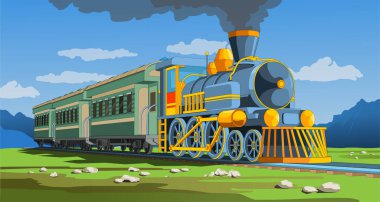 3D model tren ve parlak manzaralı vektör coloful sayfası. Tren yolculuğuyla güzel bir vektör çizimi. Vintage retro tren grafik vektörü