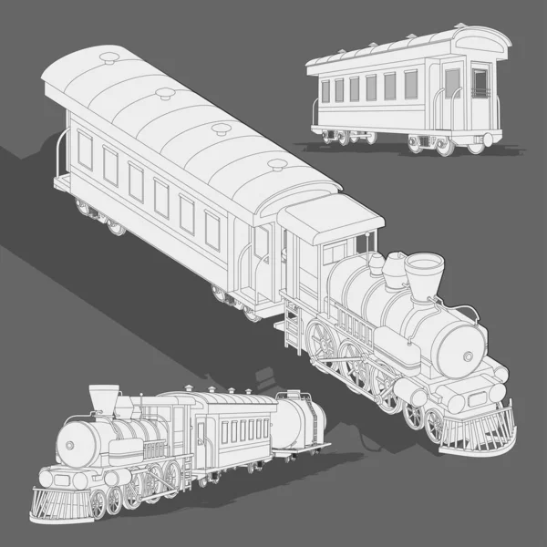 Ρεαλιστικό σχέδιο τρένο ατμού template.Vector χρωματισμός σελίδα 3d μοντέλο τρένου. Εικονογράφηση φορέα κινουμένων σχεδίων σε μαύρο και άσπρο. Έγχρωμο χαρτί, σελίδα, βιβλίο ιστορίας — Διανυσματικό Αρχείο