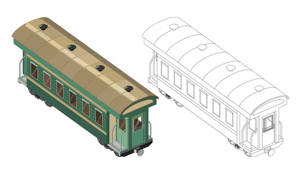 3D旅客モデル鉄道車両とベクトル着色ページ アイソメトリックビュー ヴィンテージレトロトレイングラフィックベクトル 隔離されてる ぬりえページとカラフルな列車 — ストックベクタ