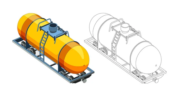 Vektor színező oldal 3D-s modell kocsi tartály gáz vagy benzin. Izometrikus elülső nézet. Elszigetelve. Színező oldal és színes vonat — Stock Vector