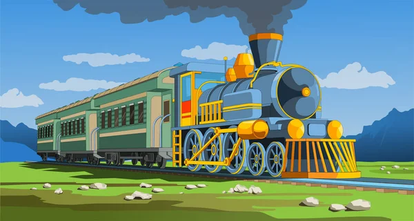 Vector página coloful con tren modelo 3d y paisaje brillante. Hermosa ilustración vectorial con viajes en tren. Vintage tren retro vector gráfico — Vector de stock