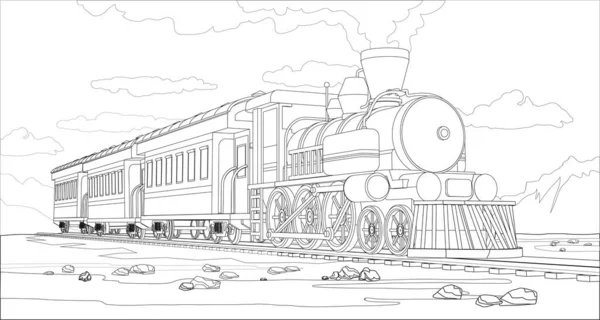 3D model tren ve parlak manzaralı vektör boyama sayfası. Tren yolculuğuyla güzel bir vektör çizimi. Vintage retro tren grafik vektörü.