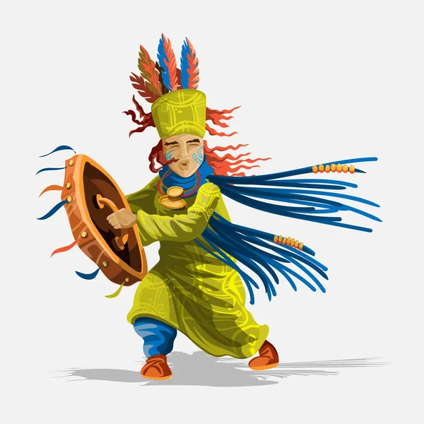 Shaman personnage en vêtements nationaux avec un tambourin et des amulettes dansant un lanceur de danse magique et magicien. Chukchi, Indien. Vecteur rituel authentique Illustration — Image vectorielle