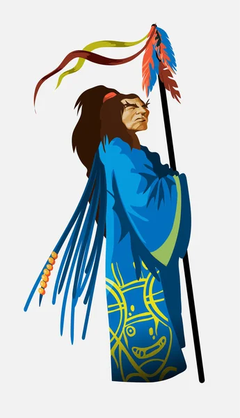 Personaje chamán en ropa azul nacional con bastón largo. Chukchi, indio. Auténtico vector ritual Ilustración. El viejo jefe indio se para y mira a la distancia. Aislado — Vector de stock