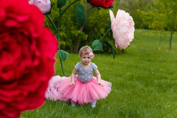 Маленькая Девочка Розовой Пушистой Юбке Пачке Играет Зеленой Лужайке Высокими — стоковое фото