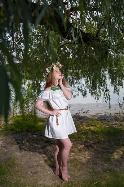 Hermosa Chica Vestido Blanco Flores Corona Sobre Fondo Sauce Verde — Foto de Stock