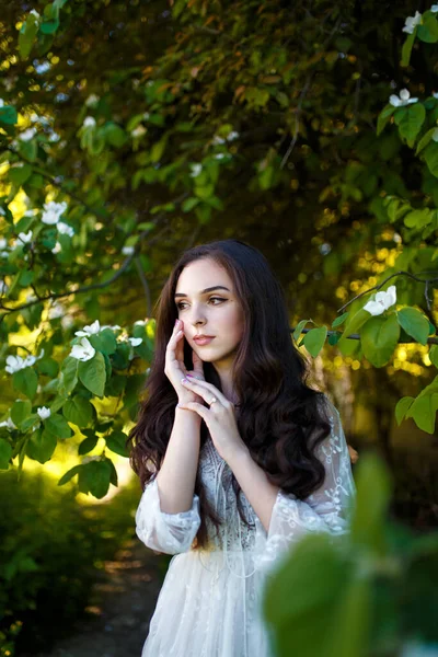 Beautiful Teenager Girl White Dress Long Dark Hair Apple Garden — Stock Photo, Image