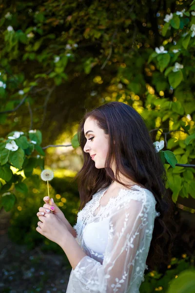 漂亮的少女 身穿白色长裙 一头乌黑的长发 抱着蒲公英 在苹果花园里 春花与青春的概念 — 图库照片