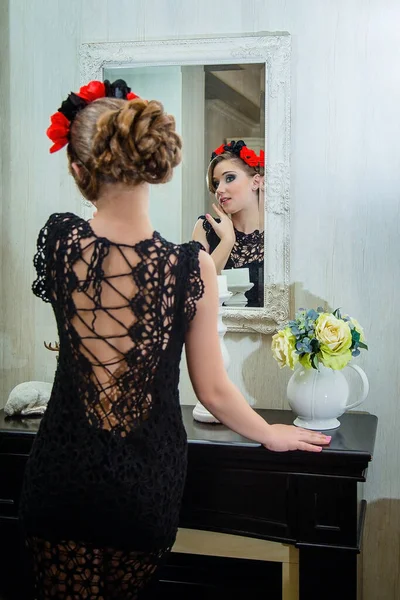 Young Girl Knitted Black Lace Dress — Stock Photo, Image