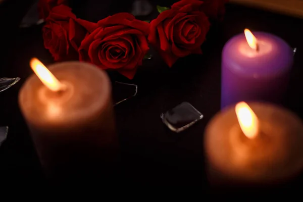 Love Triangle Broken Relationship Concept Broken Glass Three Burning Candles — Stock Photo, Image