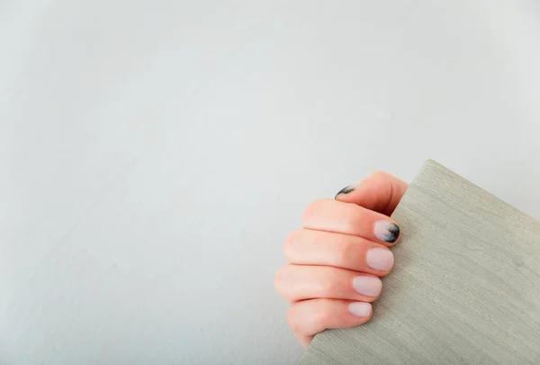 Female Hands Fir Tree Forest Manicure Holding Leather Covered Album — Stock Photo, Image