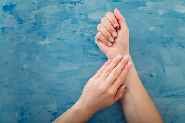 Female Hands Fir Tree Forest Manicure Blue Background Christmas Winter — Stock Photo, Image