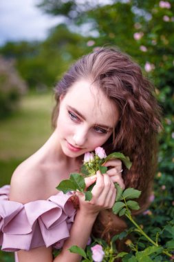 Gül kalçası açan çalılıkta pembe kostümlü kıvırcık saçlı genç kız. Bahar mevsimi çiçek açıyor ve gençlik kavramı.