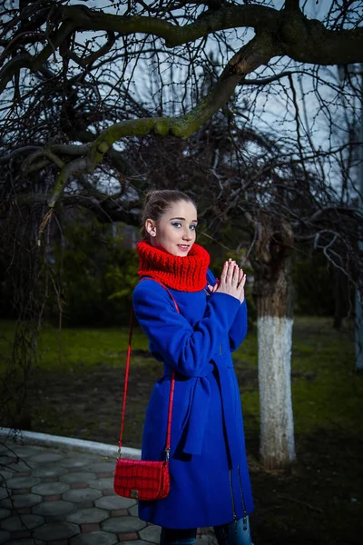 Junges Mädchen Gestricktem Snood Schal Mit Roter Tasche Blauen Mantel — Stockfoto