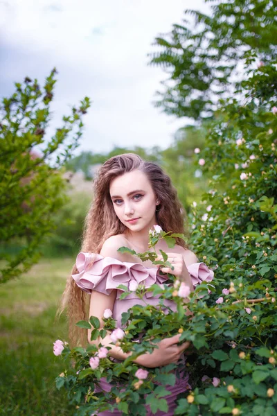 Menina Adolescente Com Cabelos Longos Encaracolados Traje Rosa Arbusto Florescendo — Fotografia de Stock