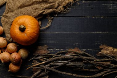 Balkabağı, kuru sonbahar dallı soğan ve siyah ahşap arka planda çuval bezi. Sonbahar hasadı, sağlıklı organik gıda konsepti. Boşluğu kopyala.