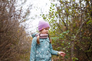 Küçük kız sonbahar ormanında yürüyor 