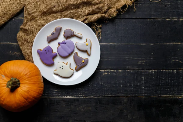 Pumpkin Halloween Cookies White Plate Sackcloth Black Wooden Background Hallooween — Stock Photo, Image