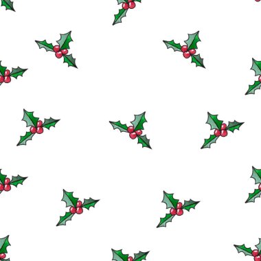 Beyaz arka planda kusursuz el yapımı kutsal yapraklar ve kırmızı böğürtlenler, Noel suluboya çizimi