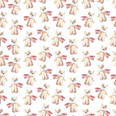 Doldurulmuş oyuncağın kusursuz deseni, beyaz arka planda renkli kalemlerle çizilmiş peluş tilki eli. Kırmızı eşarplı Fox Stuffie