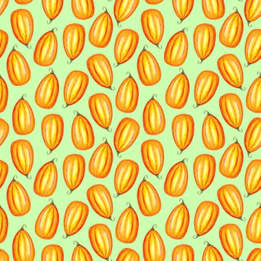 Sarı zemin üzerinde suluboya balkabaklarının kusursuz deseni, elle boyanmış resimleme elementleri