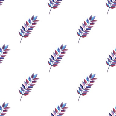 Mavi mor turkuaz yaprakların kusursuz deseni, elle çizilmiş suluboya elementleri, beyaz arka planda izole edilmiş.