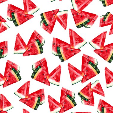 Kusursuz karpuz dilimleri, beyaz arkaplanda elle boyanmış suluboya resimler.