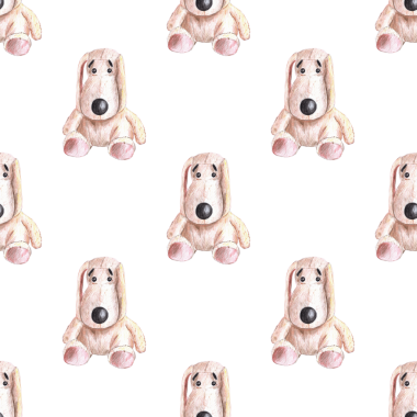 Doldurulmuş oyuncak elin kusursuz deseni beyaz arka planda renkli kalemlerle çizilmiş. Köpek yavrusu, bej peluş köpek yavrusu