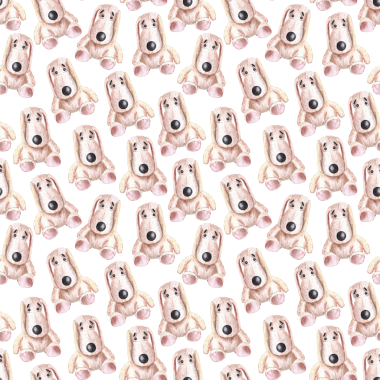 Doldurulmuş oyuncak elin kusursuz deseni beyaz arka planda renkli kalemlerle çizilmiş. Köpek yavrusu, bej peluş köpek yavrusu