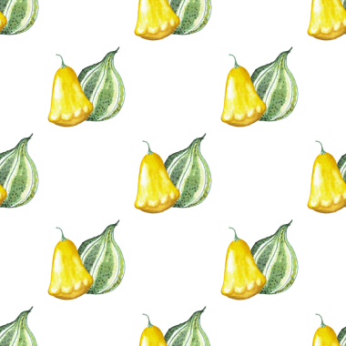 İki sarı ve yeşil kabak desenli kusursuz desen, beyaz arkaplanda suluboya çizim elementleri