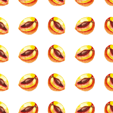 Yarım şeftali ve çukurların kusursuz deseni, beyaz arka planda elle boyanmış suluboya çizimler.