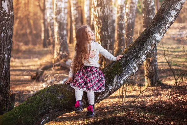 Ormanda Oturan Uzun Saçlı Küçük Kız — Stok fotoğraf