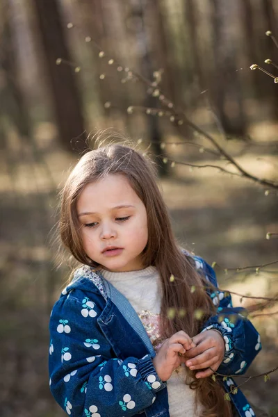 Porträtt Vacker Liten Flicka Med Långt Hår Skogen Naturen — Stockfoto