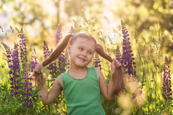 Flicka Och Lupine Blomma Naturen — Stockfoto