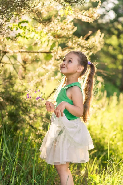 Liten Flicka Med Långt Hår Klänning Naturen Sommaren — Stockfoto