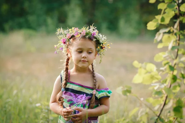 Klein Meisje Een Krans Van Wilde Bloemen Zomer — Stockfoto