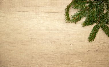 Noel kompozisyonu. Hafif ahşap arka planda köknar dalları. Çerçeve. Düz yatıyordu. Üst görünüm ve kopyalama alanı.