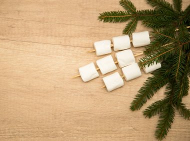 Şekerlemeler. Köknar dallarıyla kompozisyon. Düz yatıyordu. Noel ve Yeni Yıl