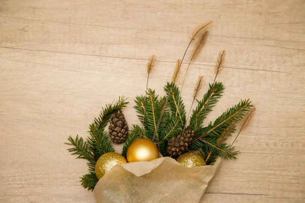 Composition Fir Branches Balls Flat Lay Christmas New Year — Stock Photo, Image