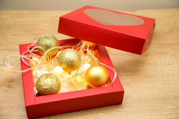 New Year Christmas Balls Red Gift Box — Stock Photo, Image